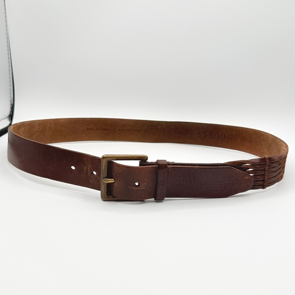 Guess Men's Brown Full Grain Leather Belt Woven Braided Detail 35263 Size 32